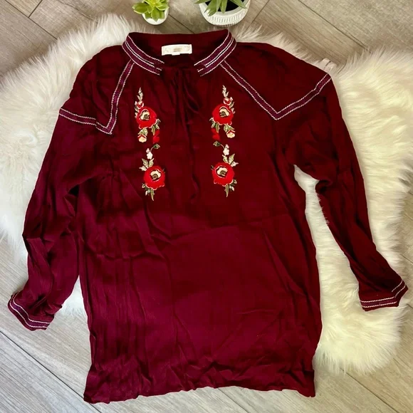 SUZANNE BETRO weekend | NWOT Maroon Embroidered Peasant Blouse (L) - Picture 2 of 10